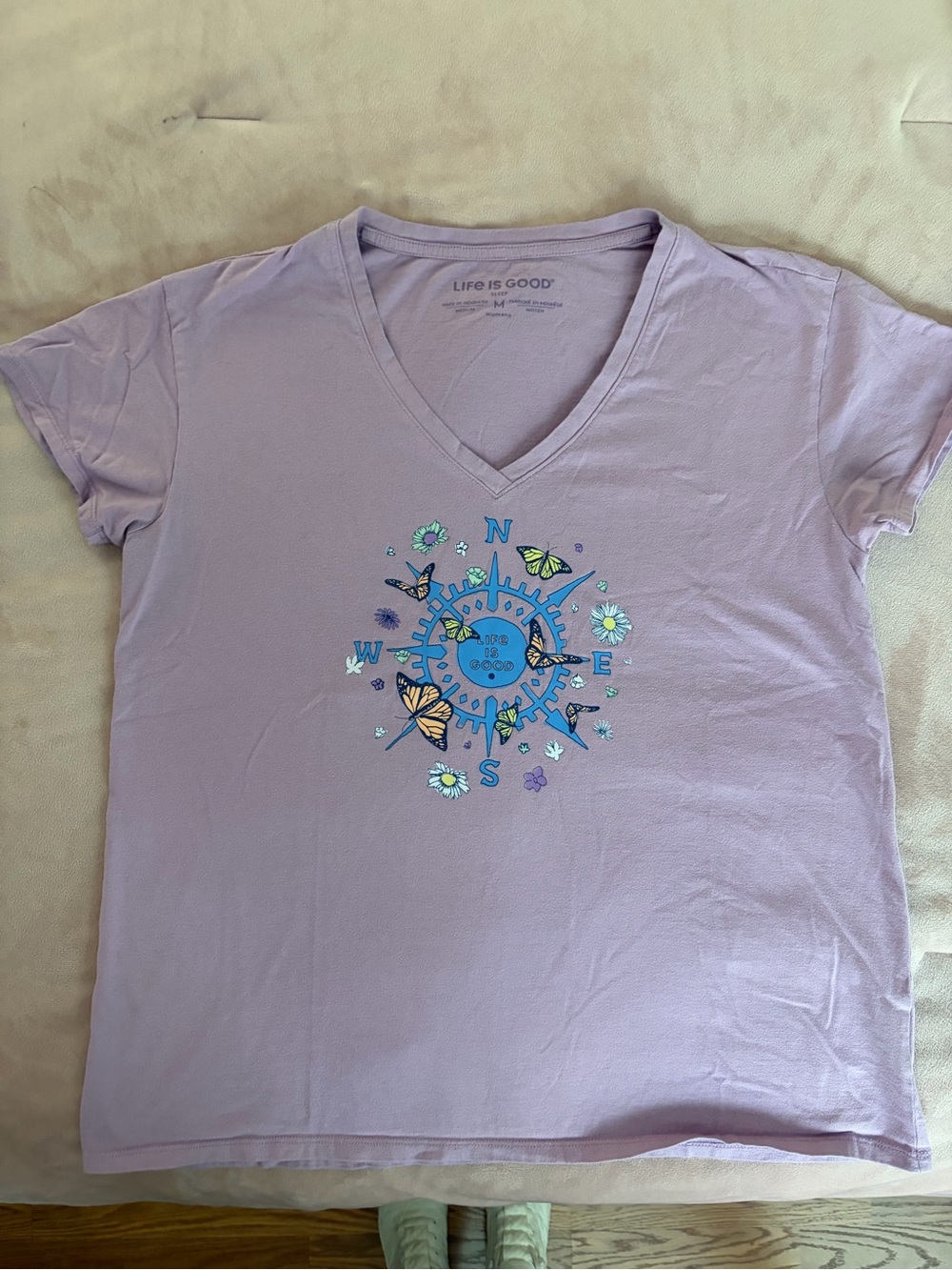 Life Is Good Lavender V-Neck Compass & Butterfly Tee